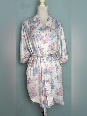 Vintage Laura Adams Satin Chemise Nightgown Robe Hydrangea 2 Pc Set L NWT